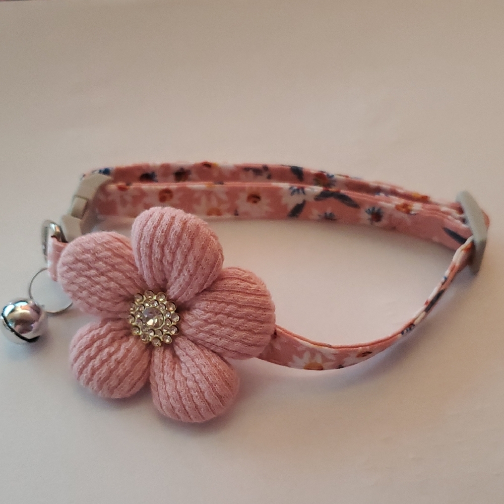 Pink Floral Cat Collar with Fabric Flower Charm